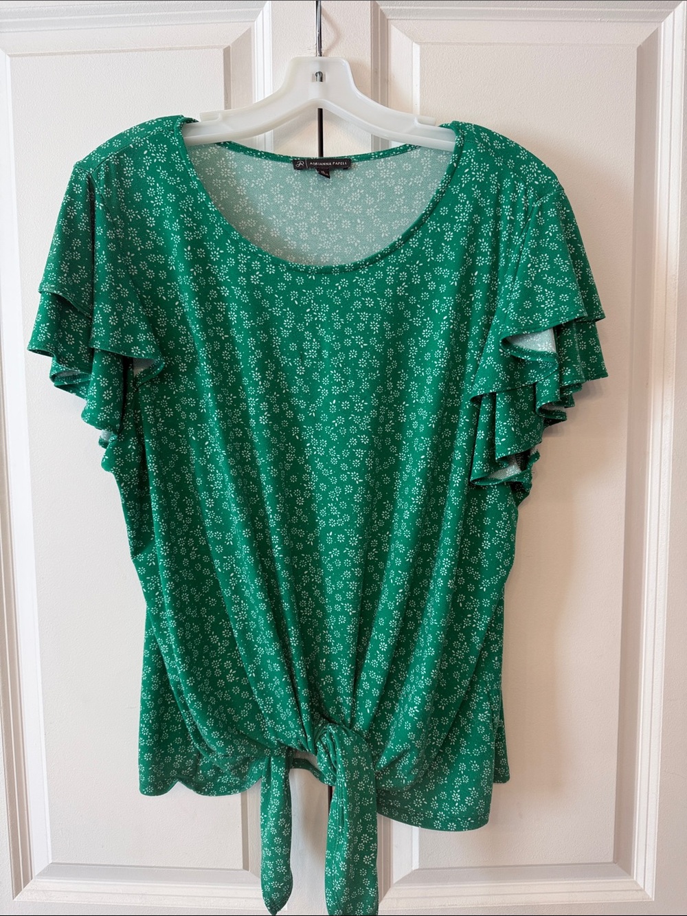 Adrianna Papell Green Floral Tie-Front Ruffle Sleeve Blouse
